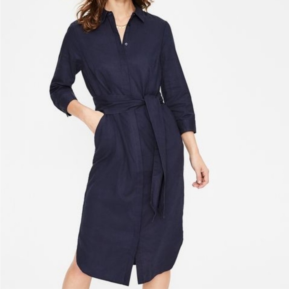 Boden Navy Long Sleeve Dress with Tie Waist
